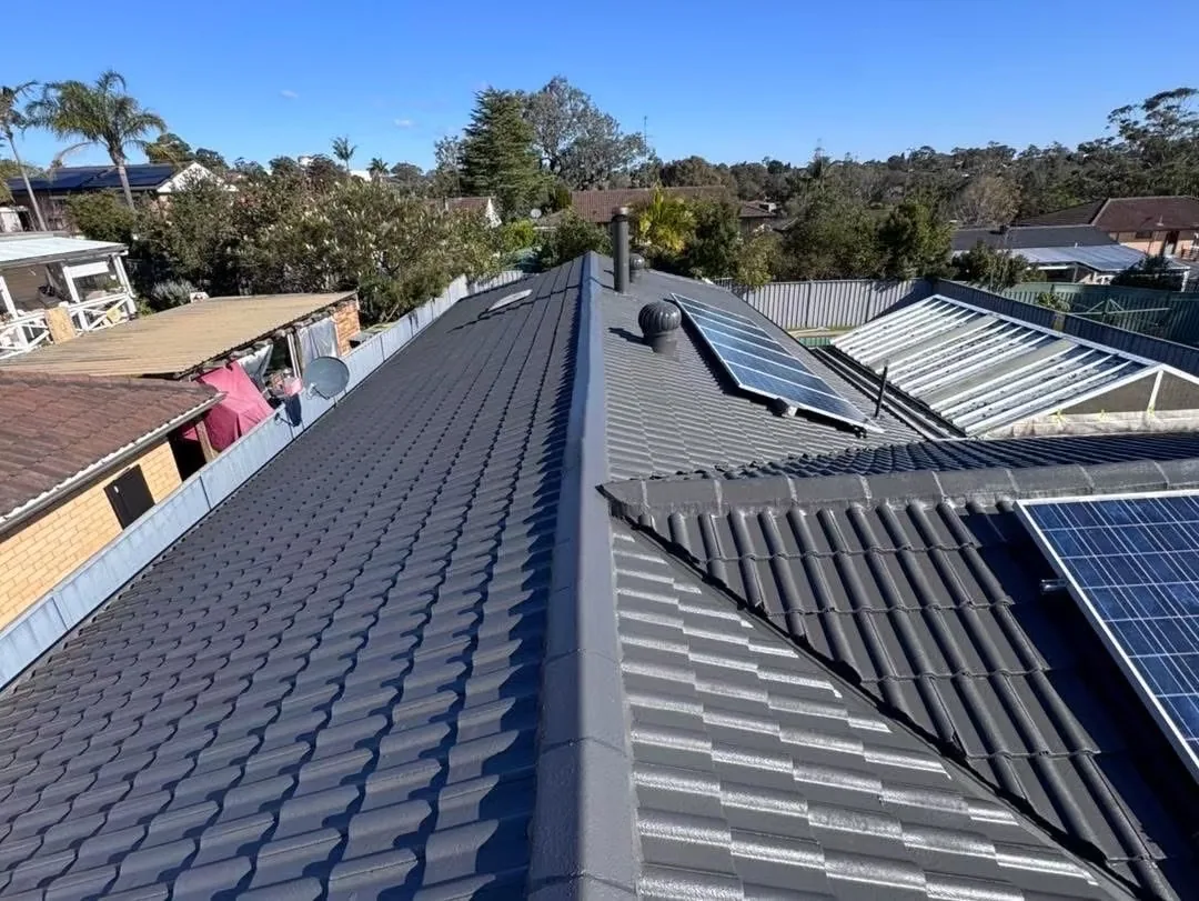 Wide view across a dark tiled roof