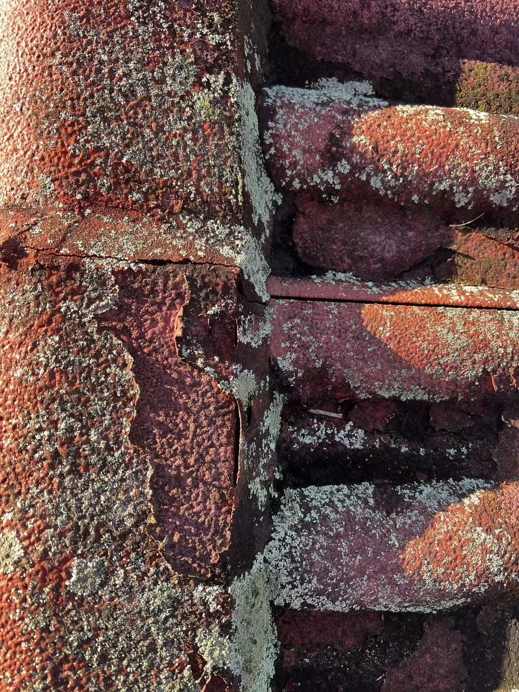 Condition detail along a tiled roof ridge